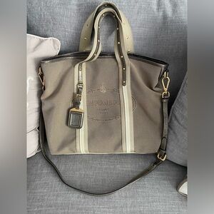 Prada Tan and Cream canvas and leather Tote Bag
